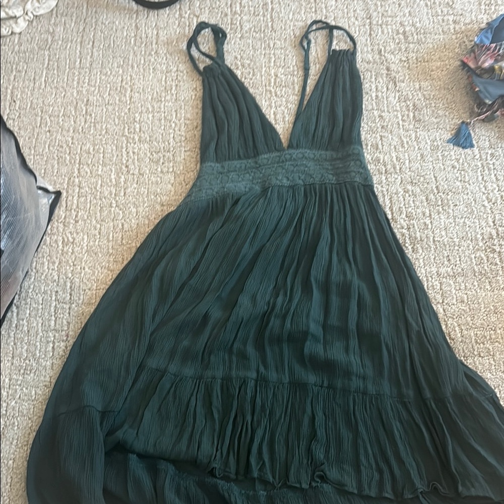 Green Pleated Tiered Sundress with Plunge Neckline